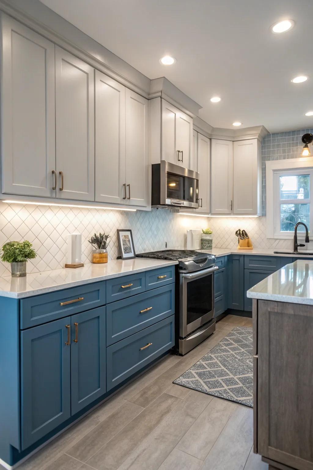 A tranquil arctic blue and gray kitchen for a serene ambiance.