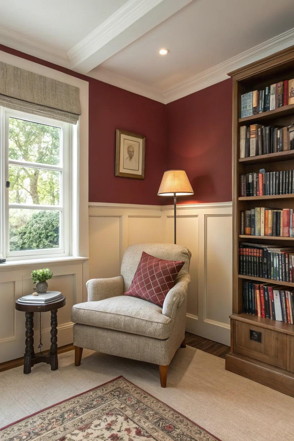 The intimate reading retreat is crafted with warm merlot and crème surfaces.
