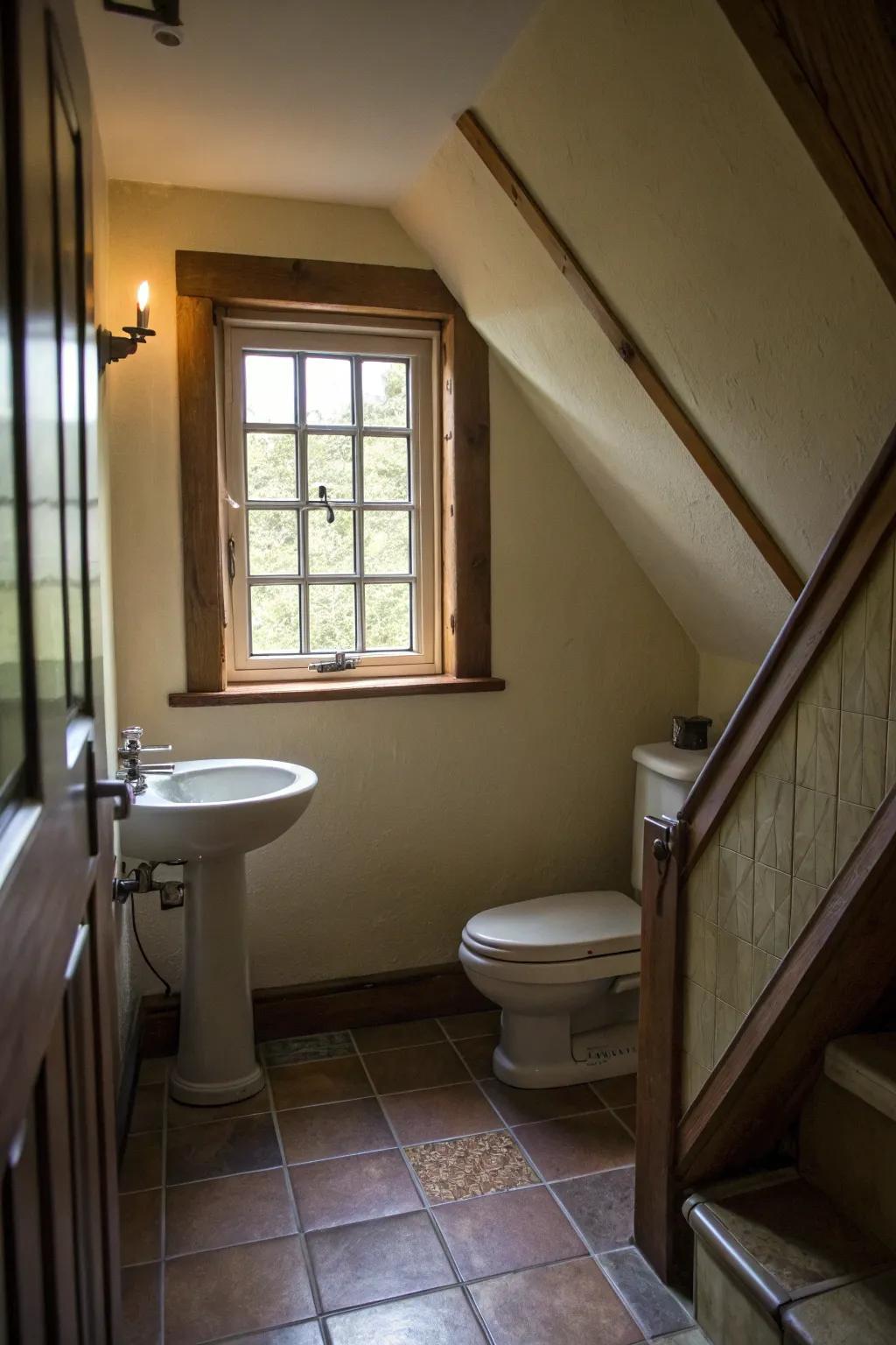 A restroom under the staircase bathed in natural light from a strategically placed window.