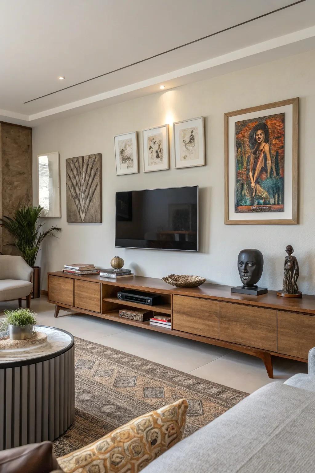 Artistic displays beneath your television introduce sophistication and visual intrigue.