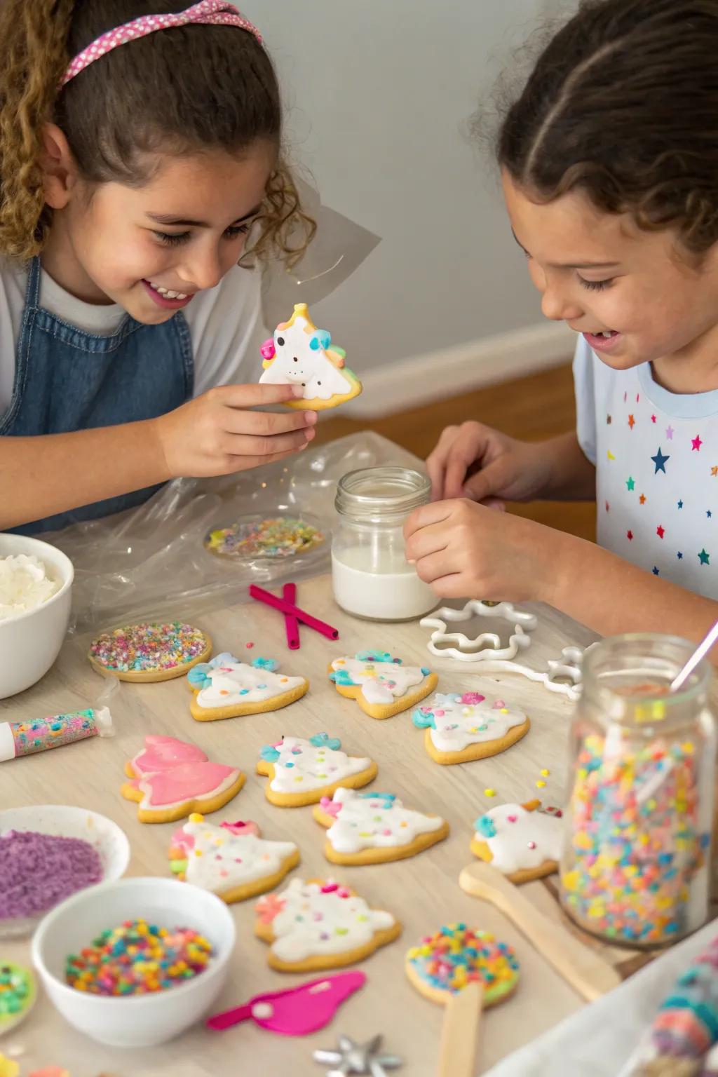 Progeny embellishing unicorn biscuits with colorful glaze.