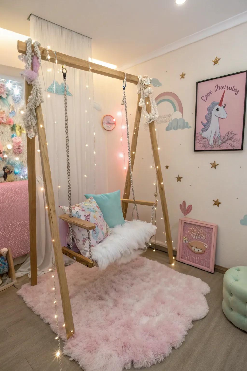 A swing adds a playful and unexpected element to the magical creature room.
