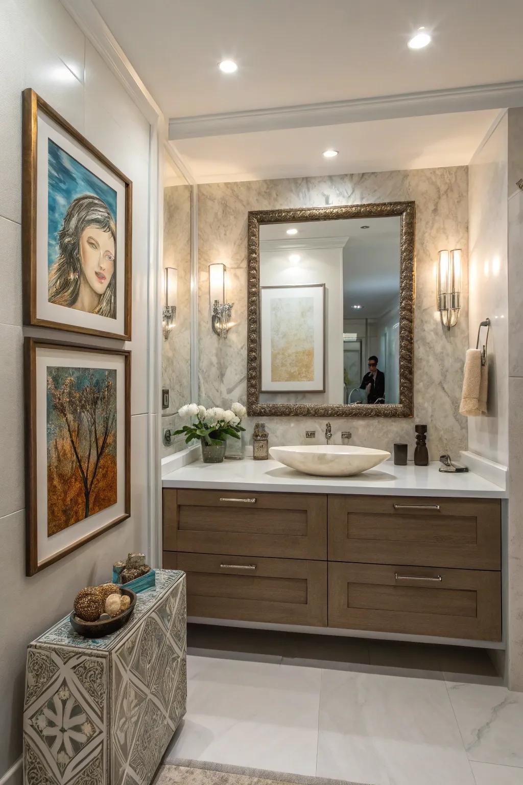 Artistic highlights personalize and uplift the washroom.