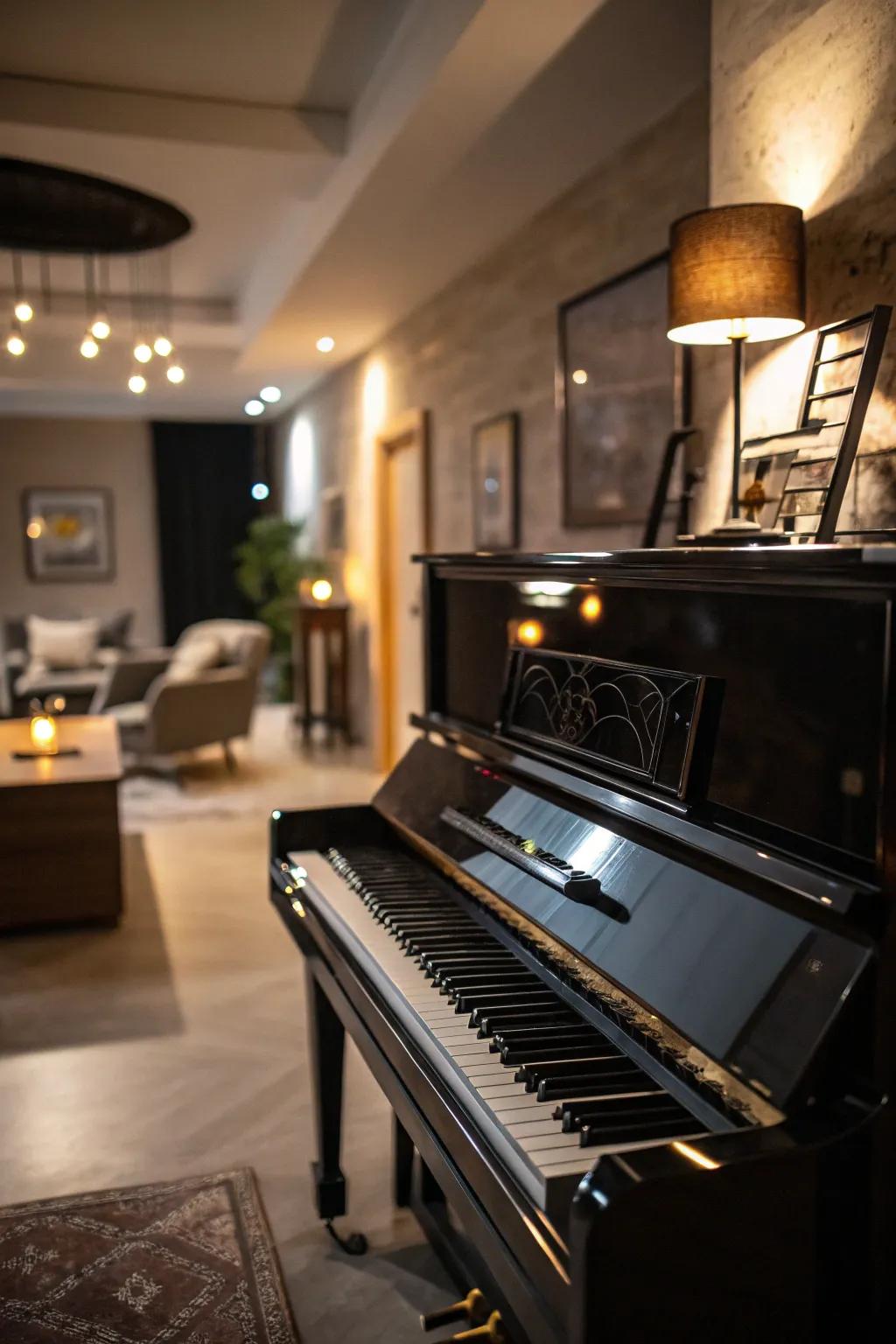 An artistic living space featuring an upright piano and dramatic statement lighting.