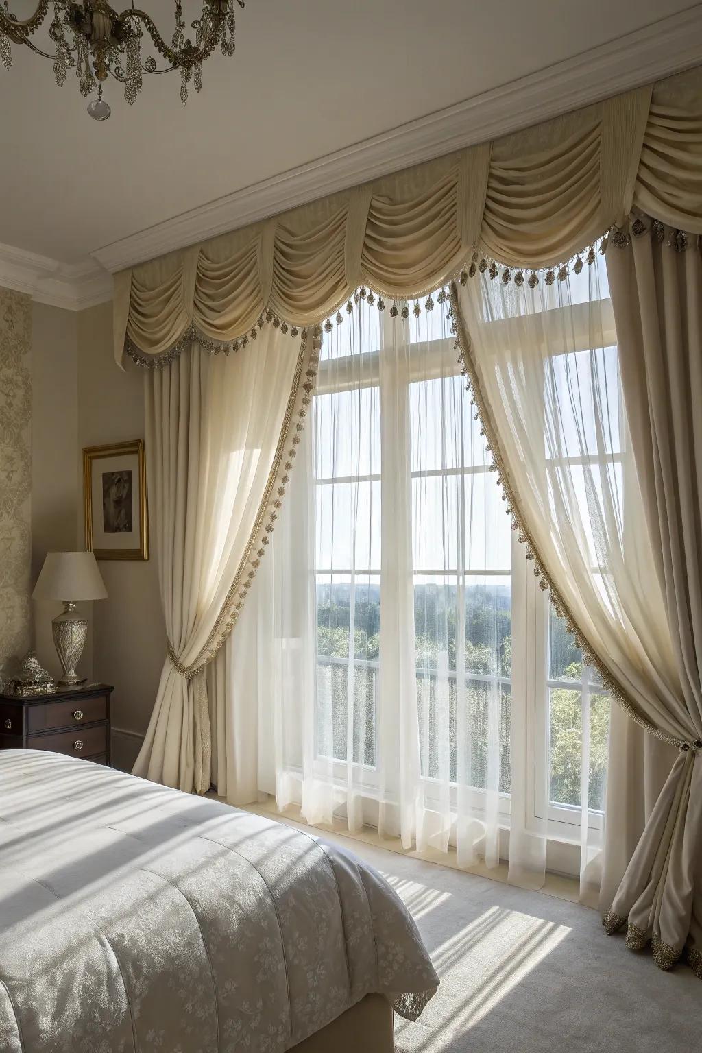 A window displaying a curved-border topper in an elegant boudoir.