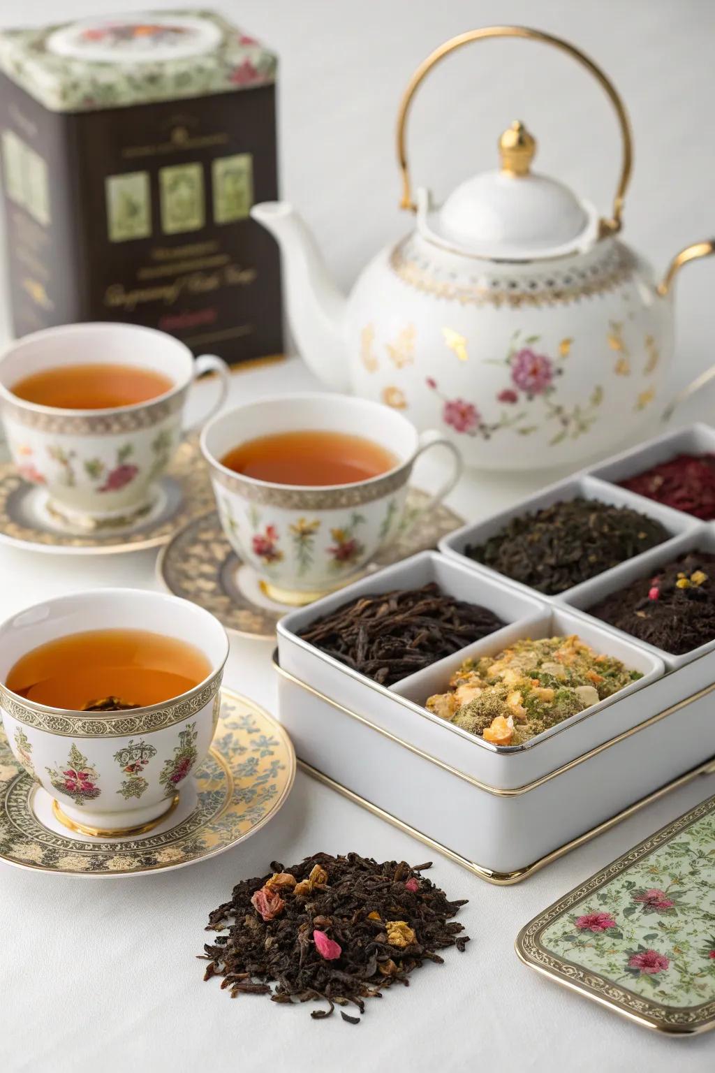 A lavish assortment of gourmet teas served in elegant serving equipment.