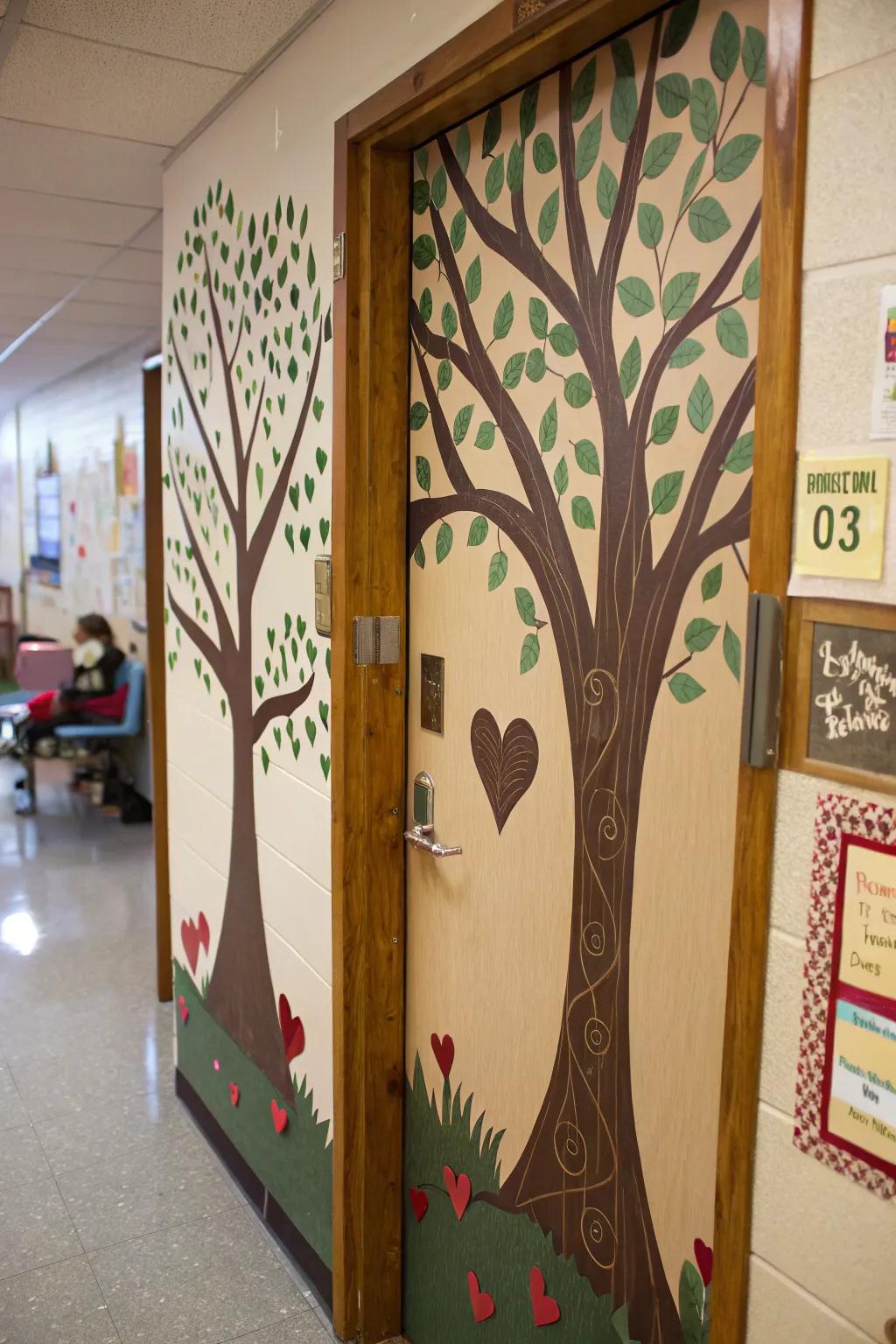 An enchanting classroom door with a mystical forest theme, showcasing heart-shaped trees.