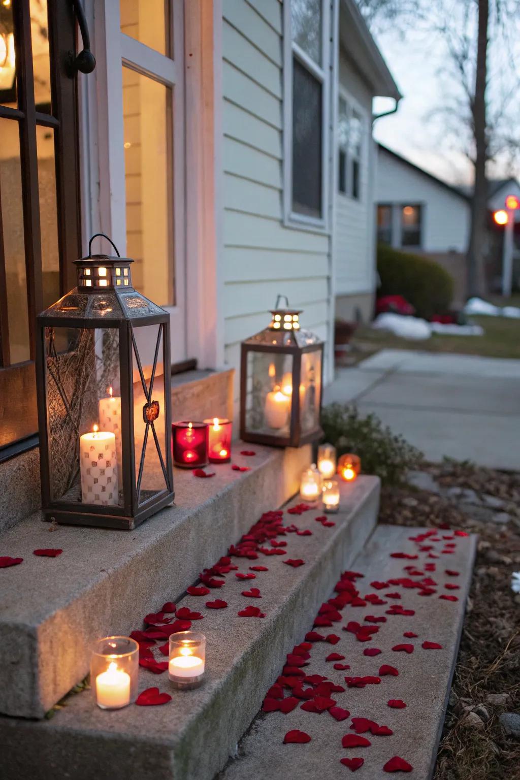 Candle lanterns create a romantic and inviting atmosphere.