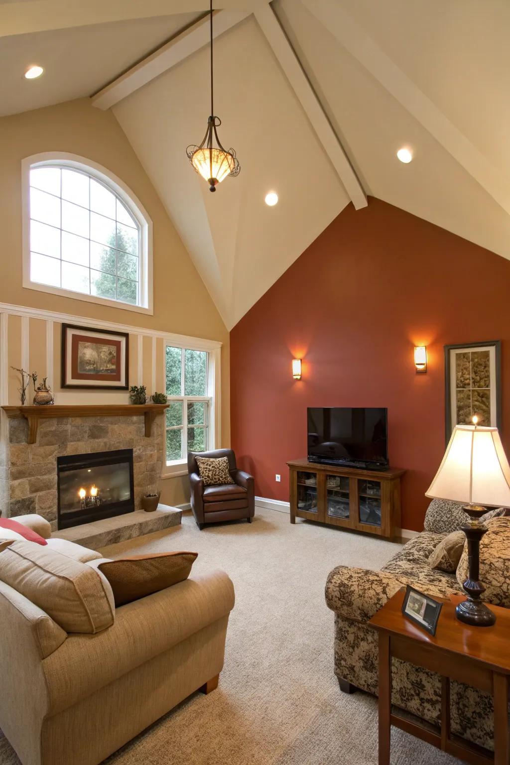 Living room featuring a vaulted ceiling and dual-tone painted accent wall