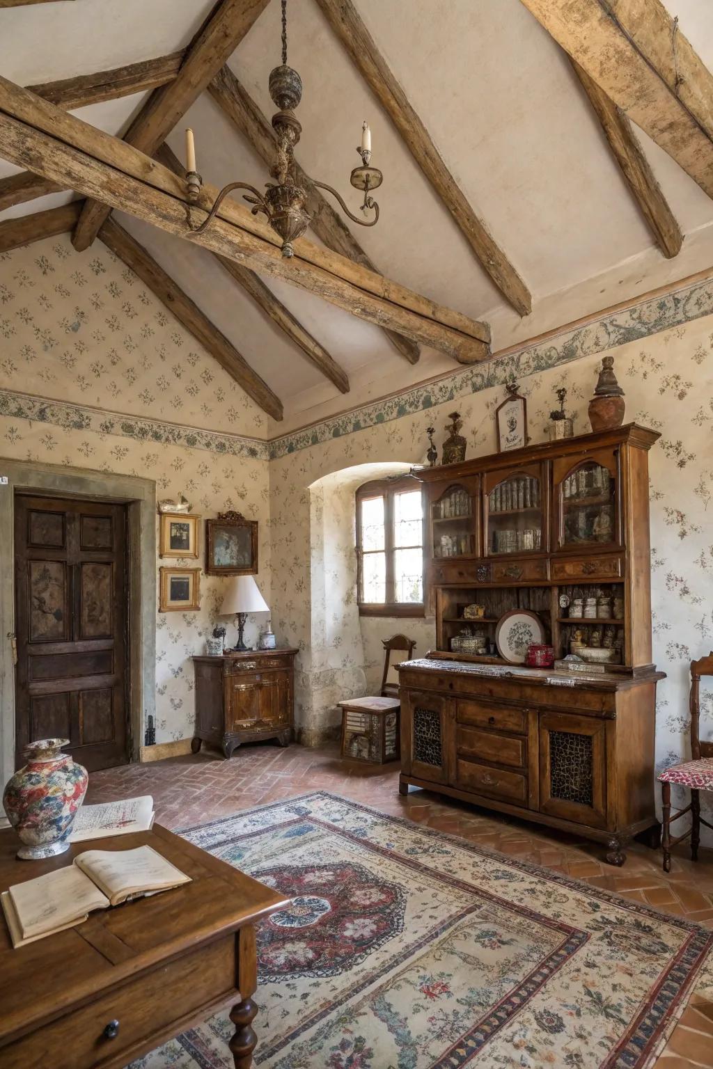 Vintage appeal with distressed beams on a vaulted ceiling.