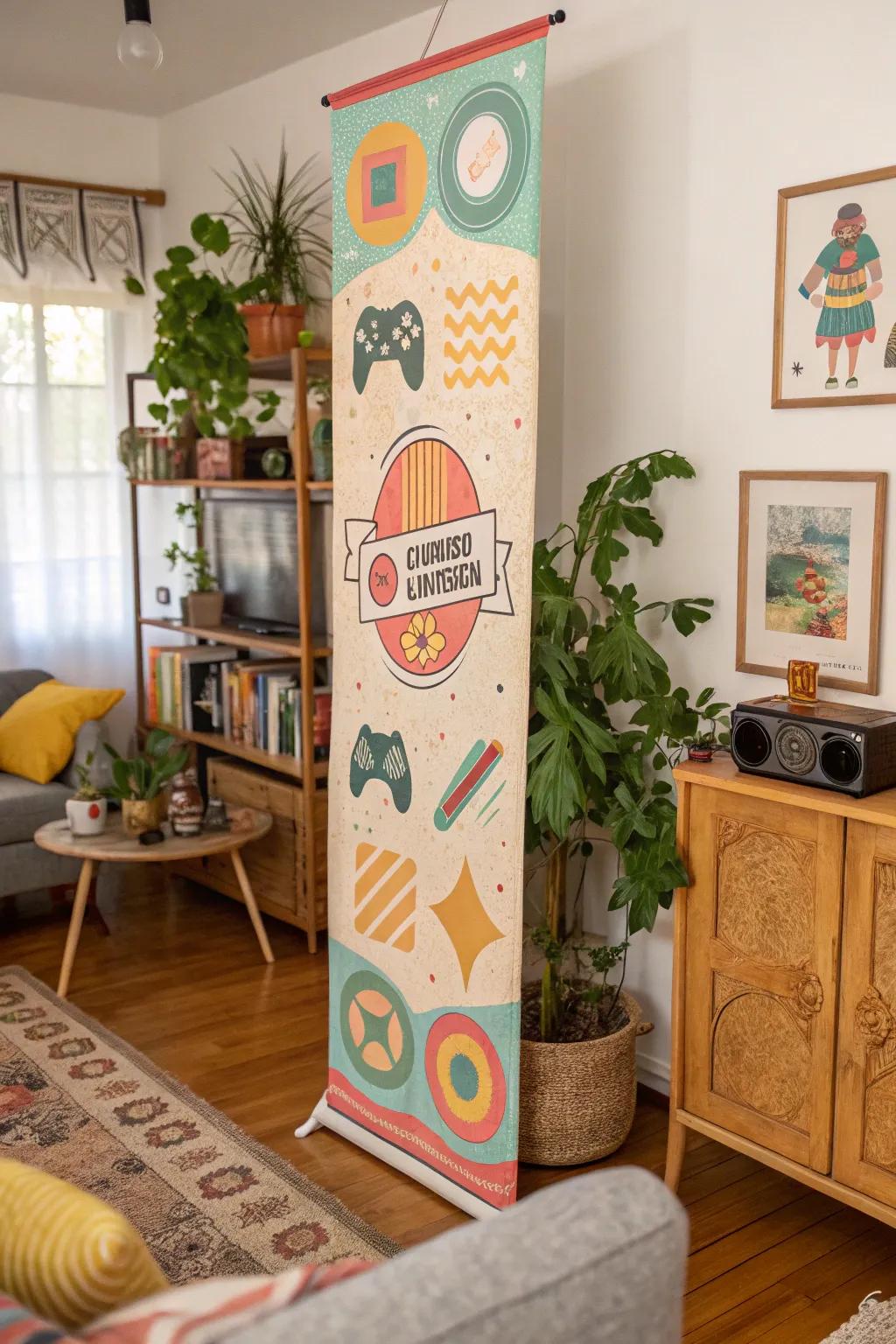 Retro graphics on a vertical display bring playful energy to an eclectic room.