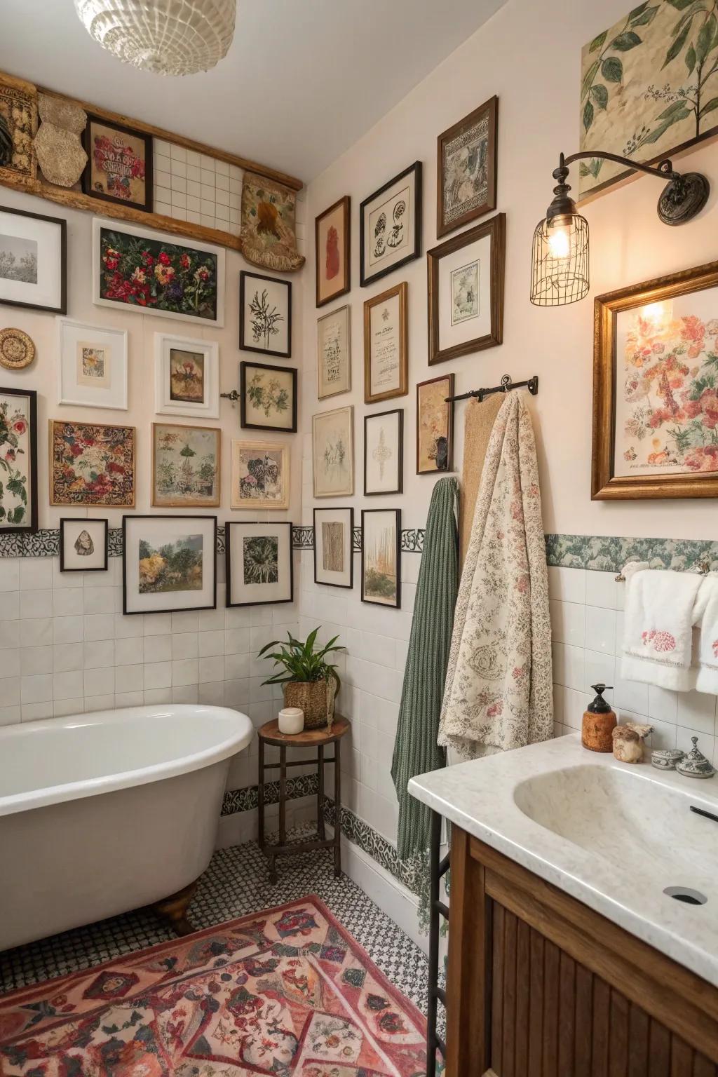 A gallery wall introduces personal expression and history to your bathroom.