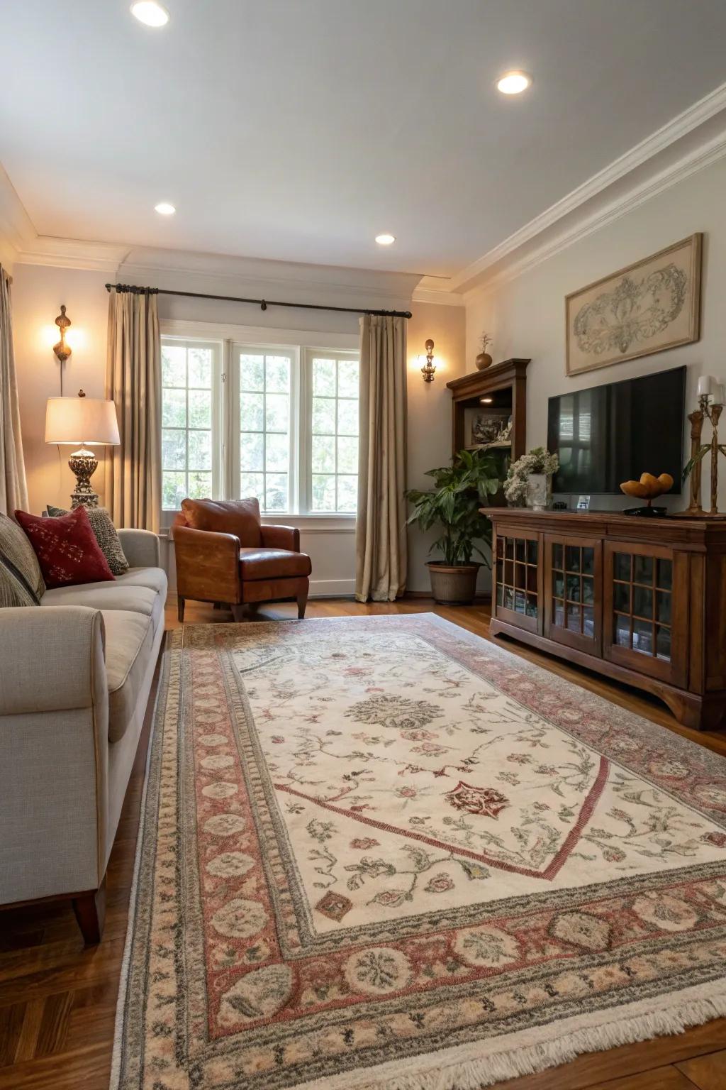 A vintage carpet grounds the room with timeless elegance.