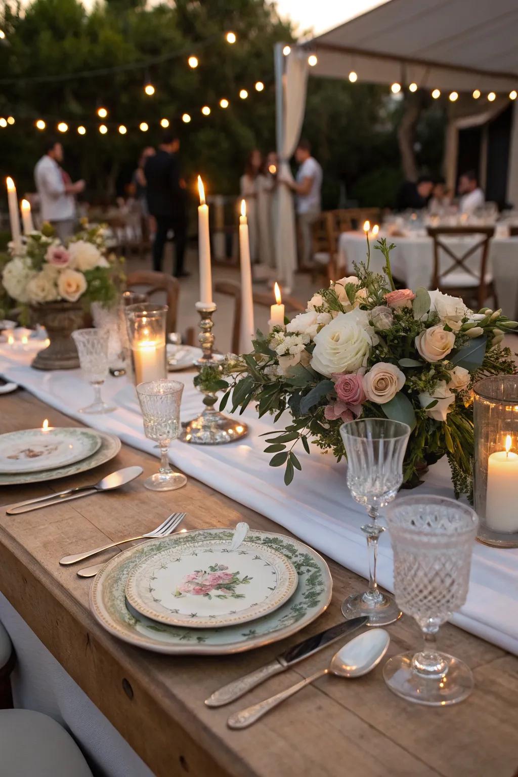 A table set with elegant heritage serveware at a wedding.