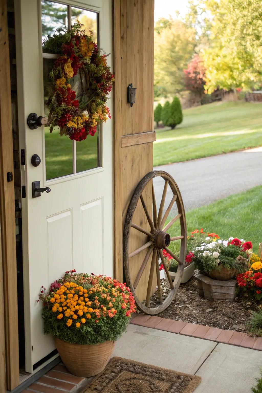 A flower-adorned cartwheel incorporates a delightful element to this door.