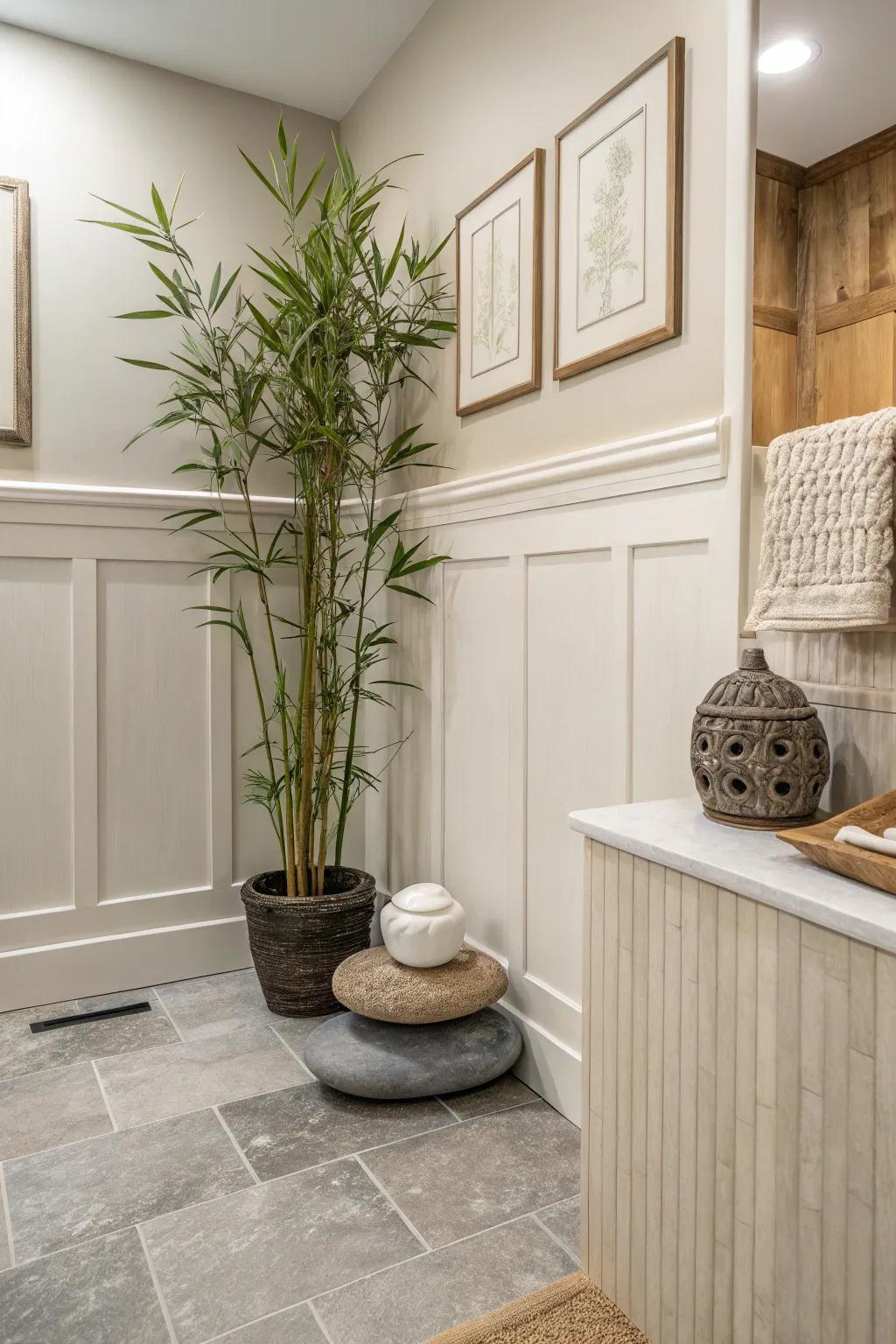 A minimalist bathroom enhanced by subtle wainscoting.