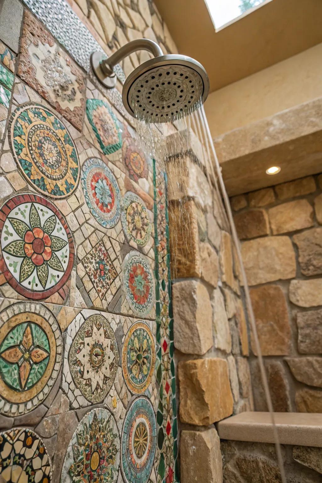 Shower with mosaic facade configurations and rock textures.