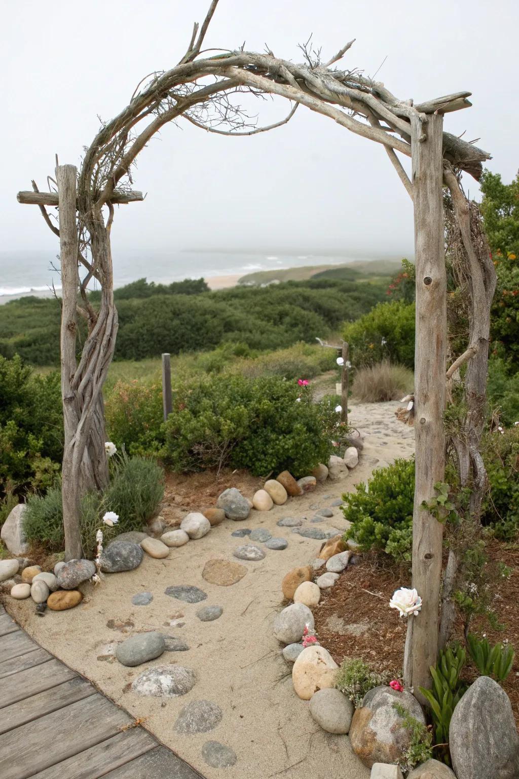 Driftwood arches convey a touch of coastal charm to garden expanses.