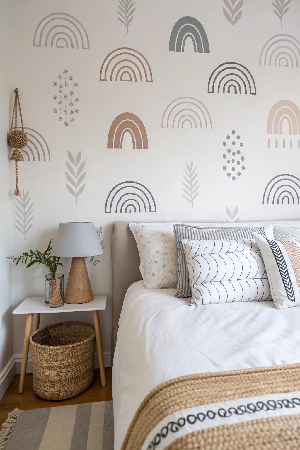 Minimalistic appliqués enhance the serene elegance of this bedroom.