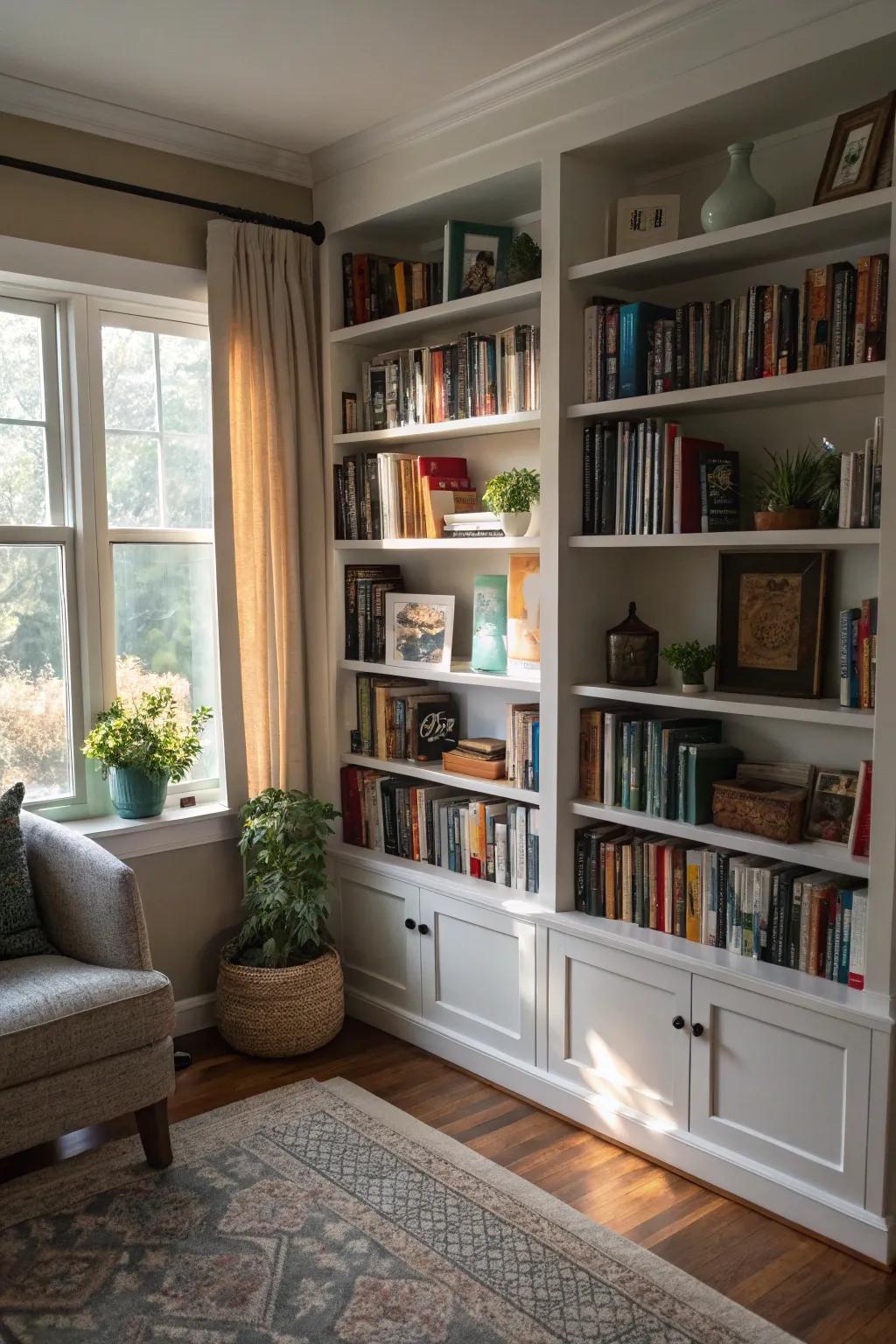 A corner library transforms a living room into a cozy retreat.