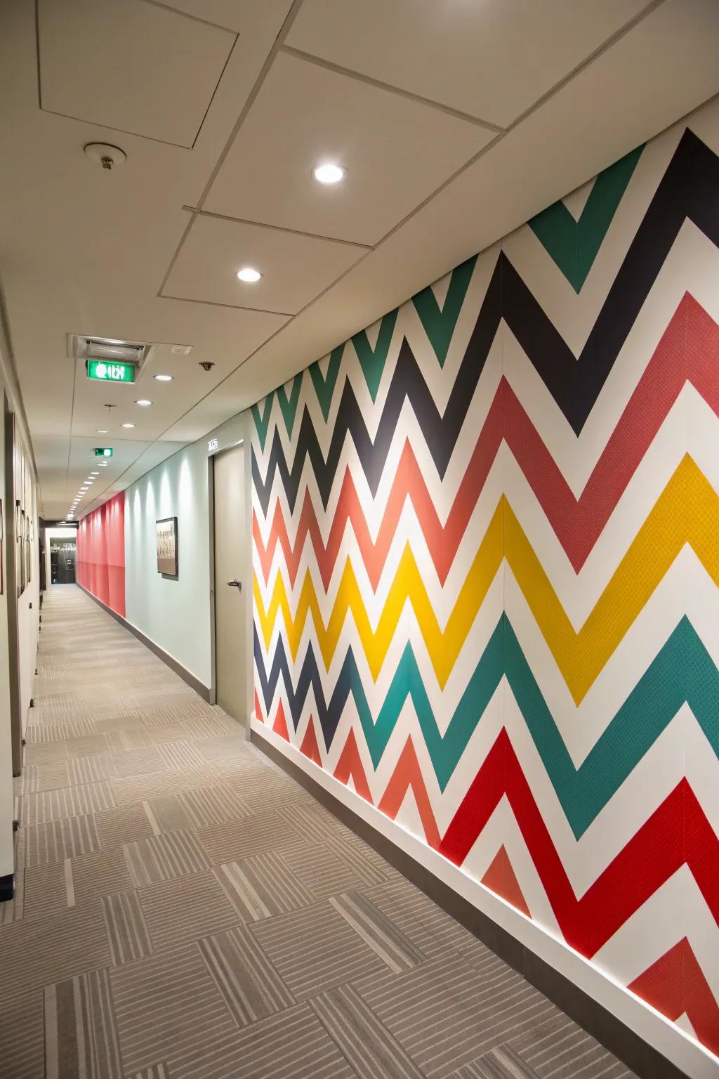 Angular patterns adding a stylish vibe to a passageway.