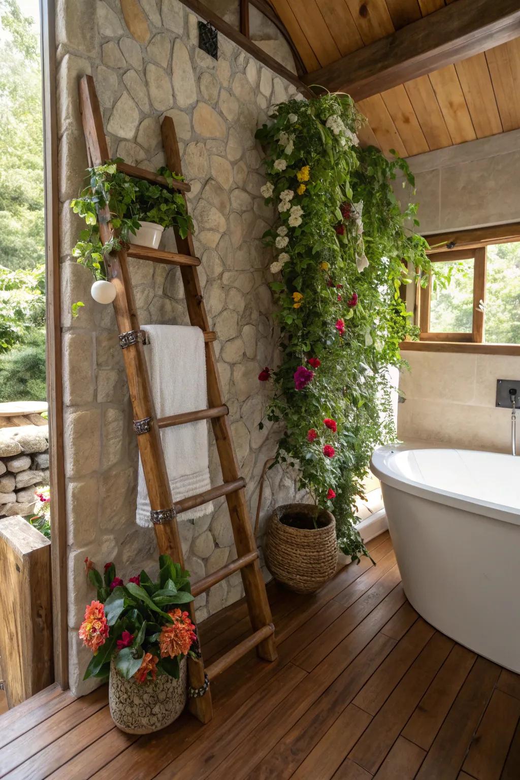 A weathered ladder infuses both allure and greenery into any chamber.