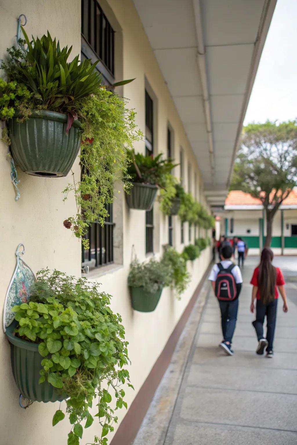 Suspension planters injecting verdancy into a school wall