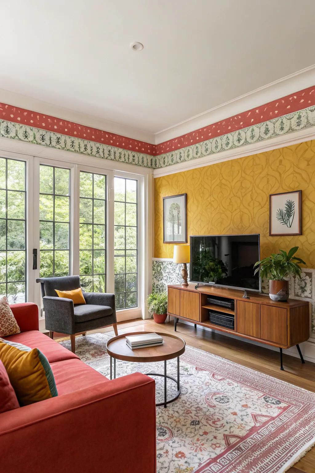 A vibrant living room energized by a contrasting color wallpaper edging.