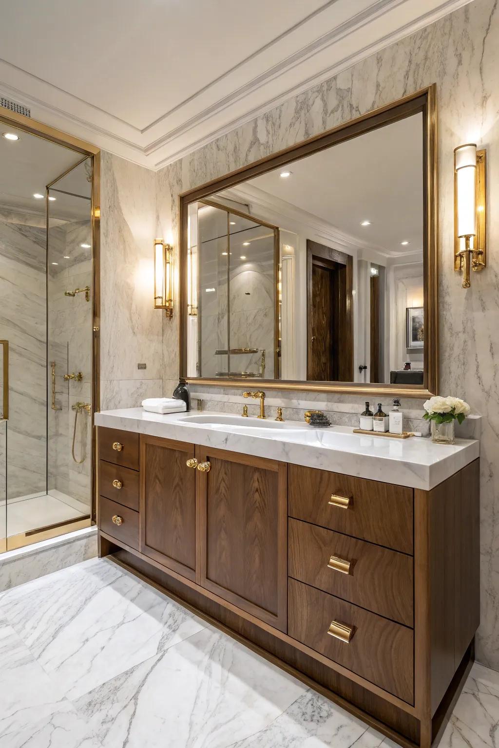 Attach a note of luxury through hot metallic highlights arranged beside your pecan vanity.
