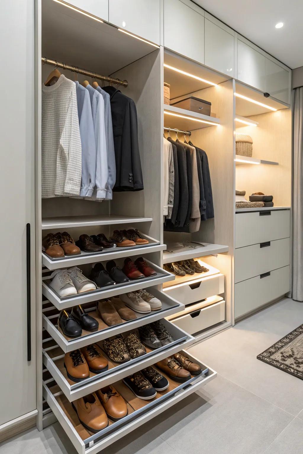 Innovative shoe storage keeps your collection organized and stylishly displayed.