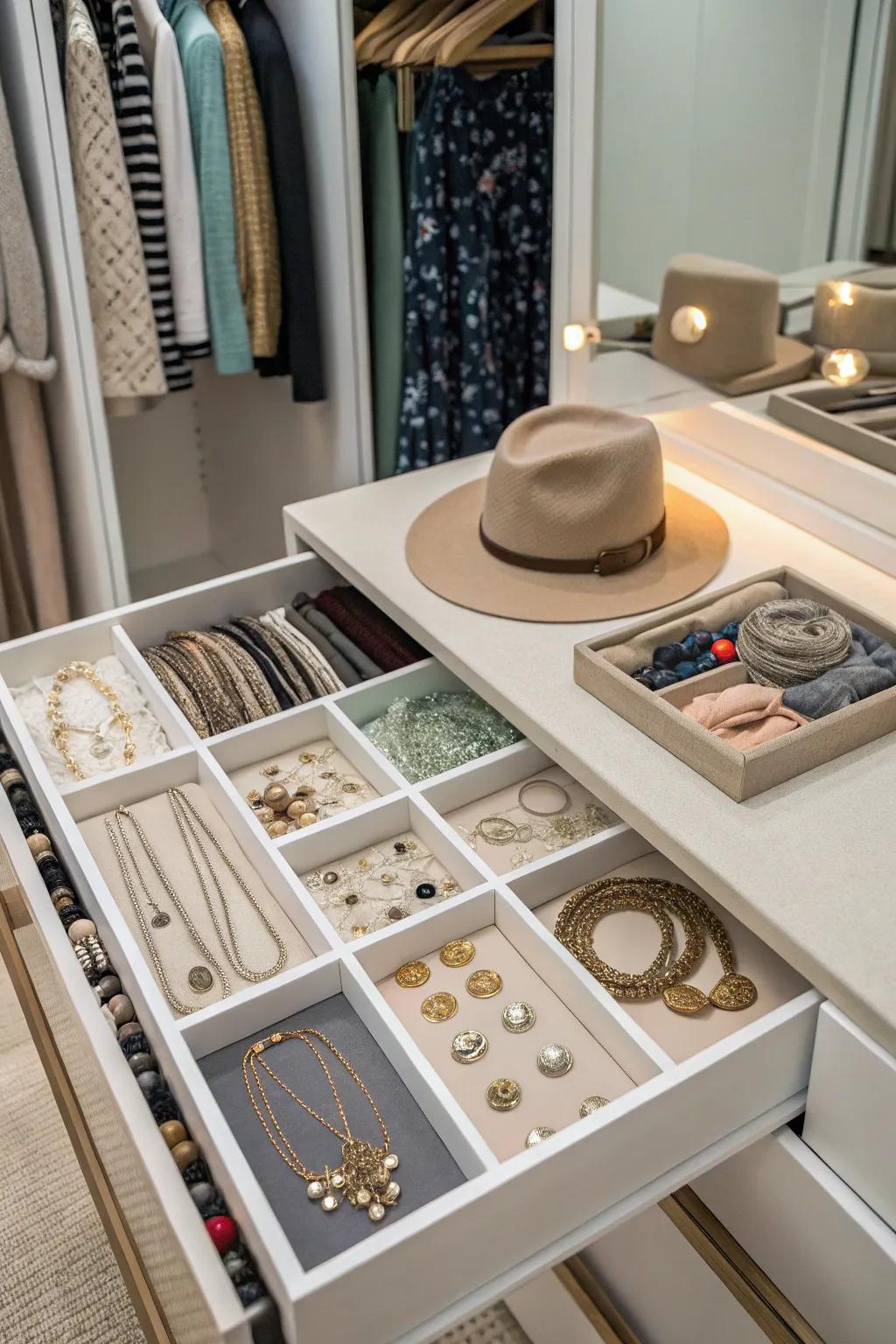 Sliding trays provide sophisticated and structured accessory organization.