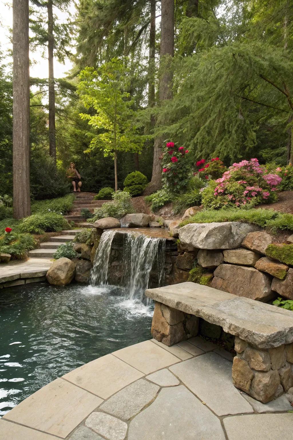 An inviting seating area seamlessly integrated into a garden waterfall's stone design.