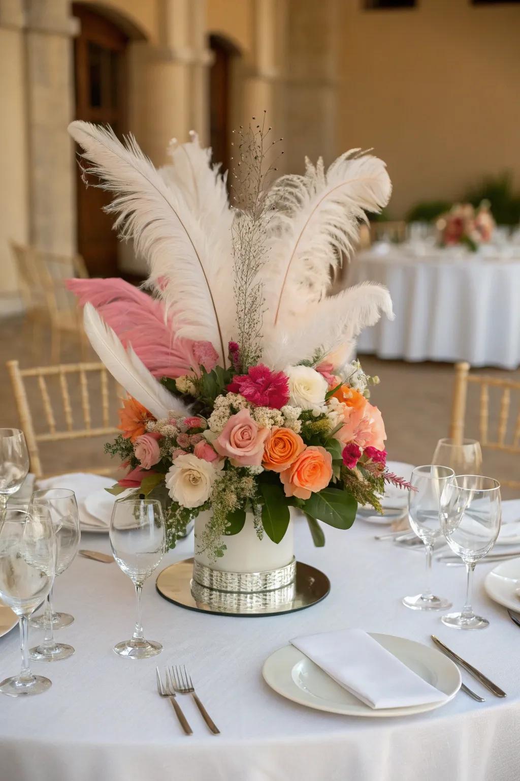 Whimsical plumes contribute texture and amusement to the centerpiece.