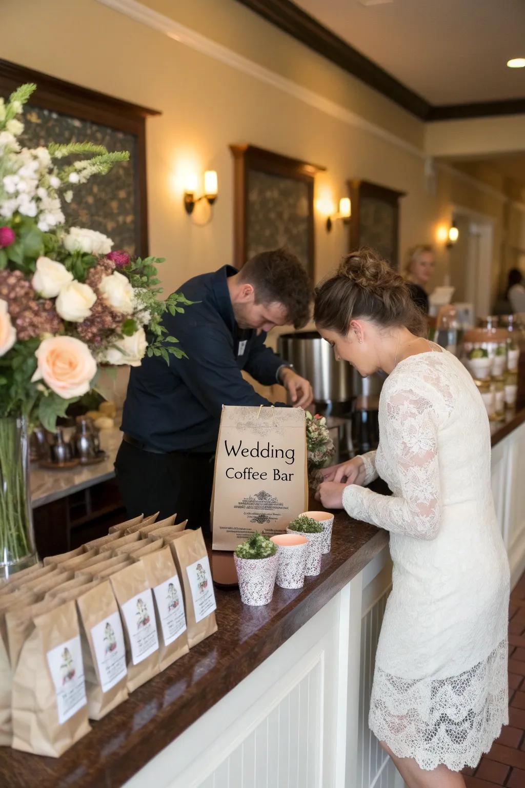 Coffee seeds as wedding favors at a coffee bar.