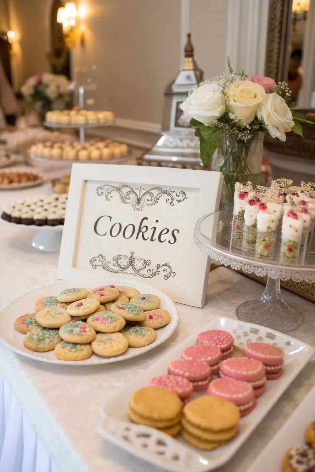 Labeled signage appends clarity and organization to a wedding cookie arrangement.