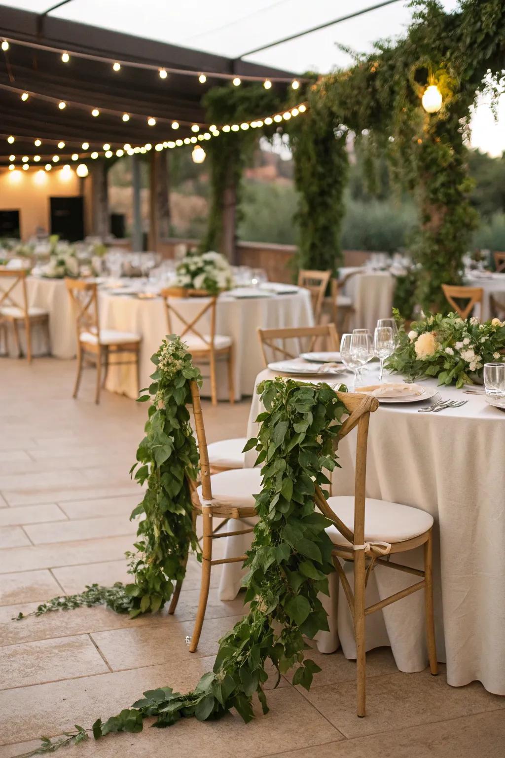 Wedding tables and seating beautifully adorned with lush foliage wreaths.