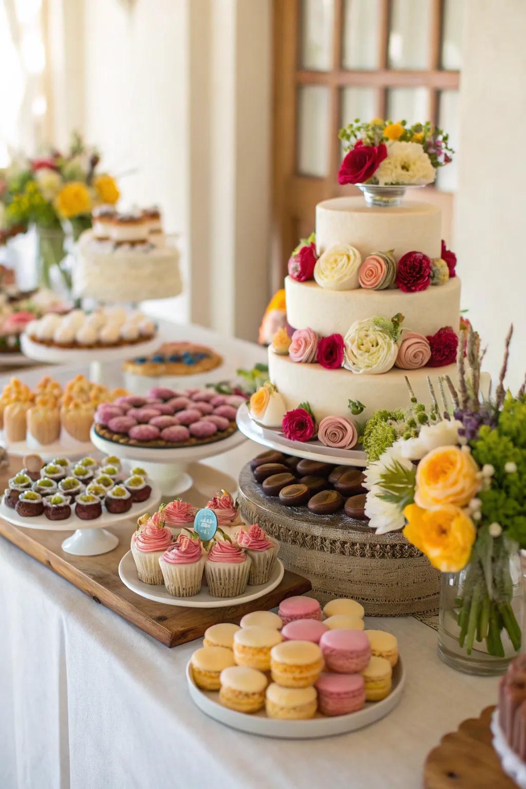 A fashionable wedding treat display offering a tempting selection of indulgences.
