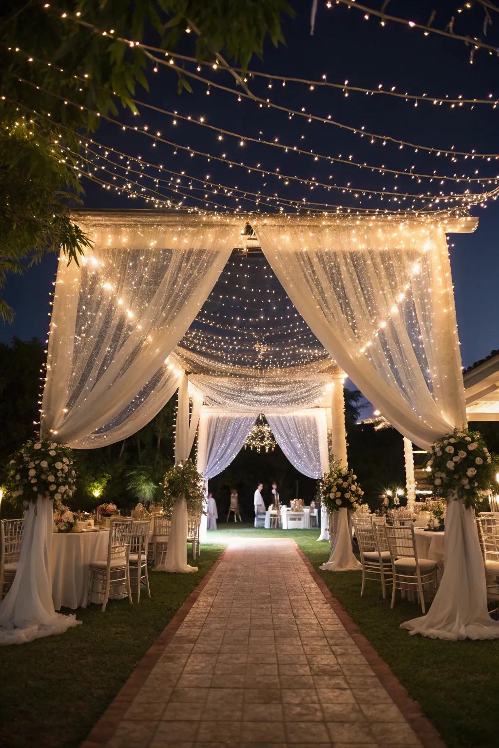 Enchant your guests with a celestial twinkling awning of drapery.