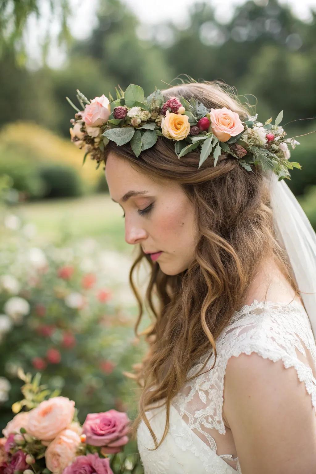 A bohemian bride adorned with a beautiful bloom crown.