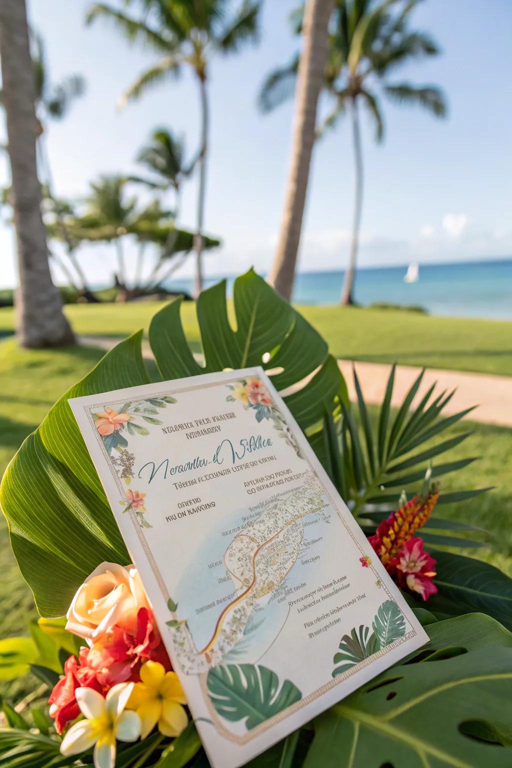 Location-inspired announcement with a map and tropical motifs.