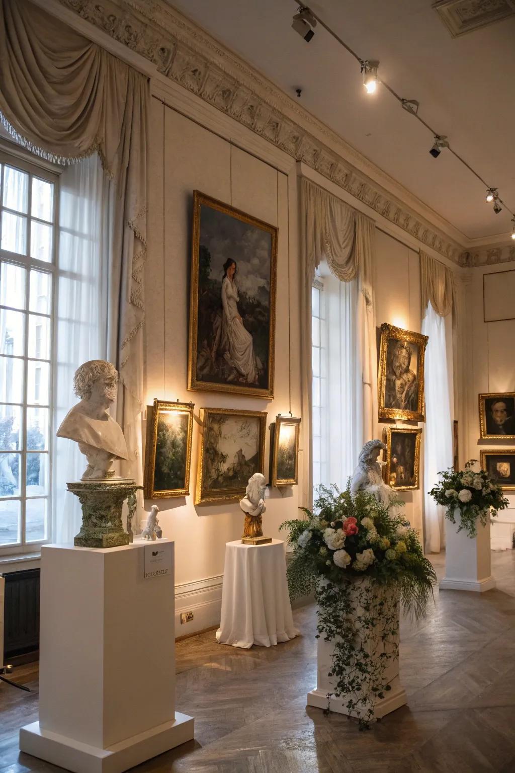 An elegant art gallery wedding venue showcasing stunning art pieces.