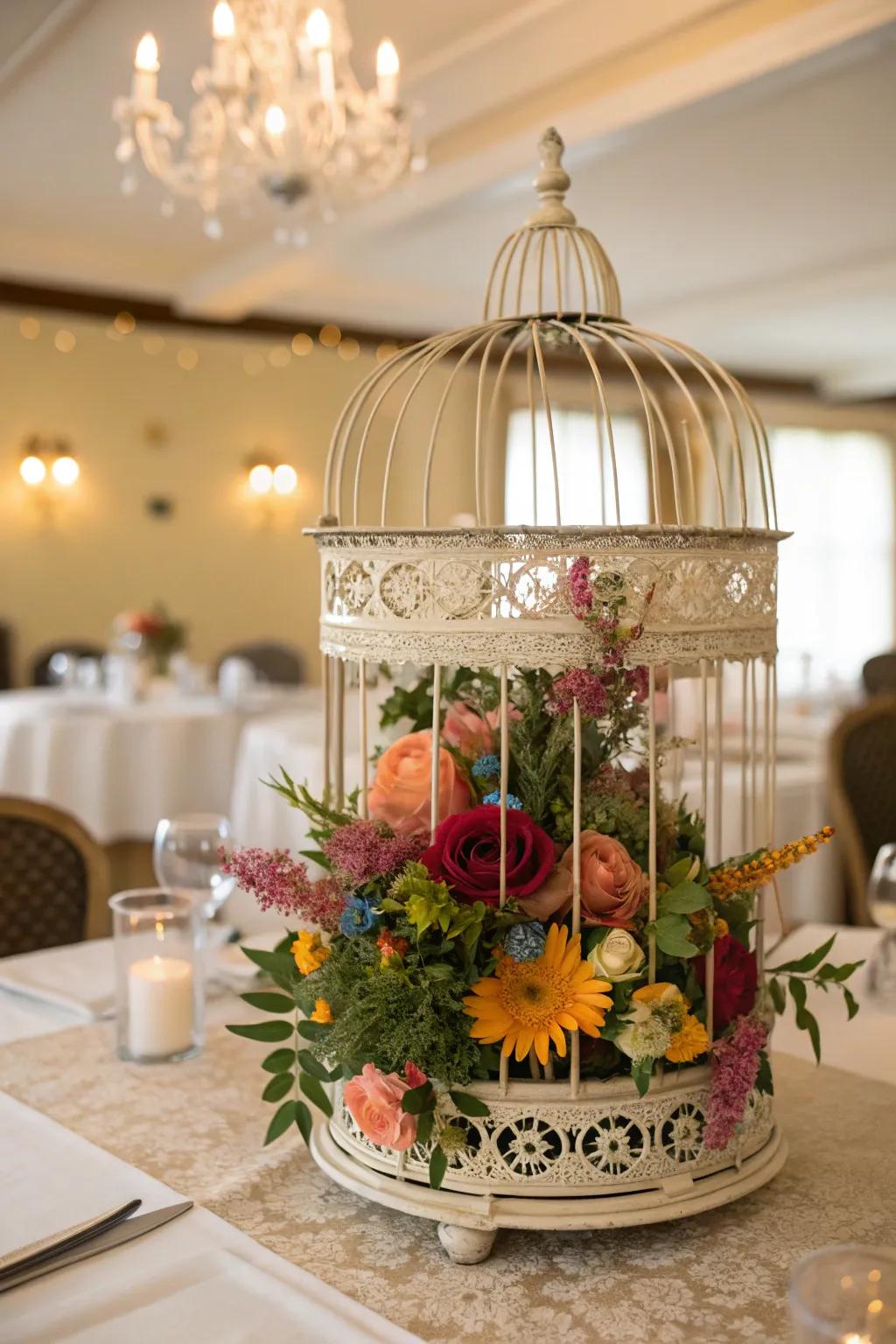 A vintage birdcage filled with flowers infuses whimsy and height into your table decoration.