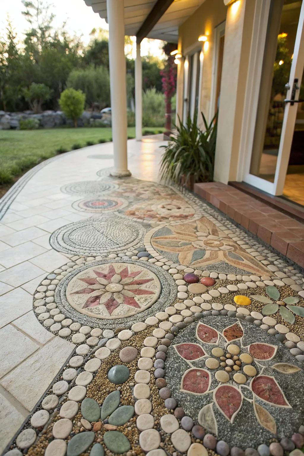 A stone mosaic contributes a personal, artistic touch to the patio.