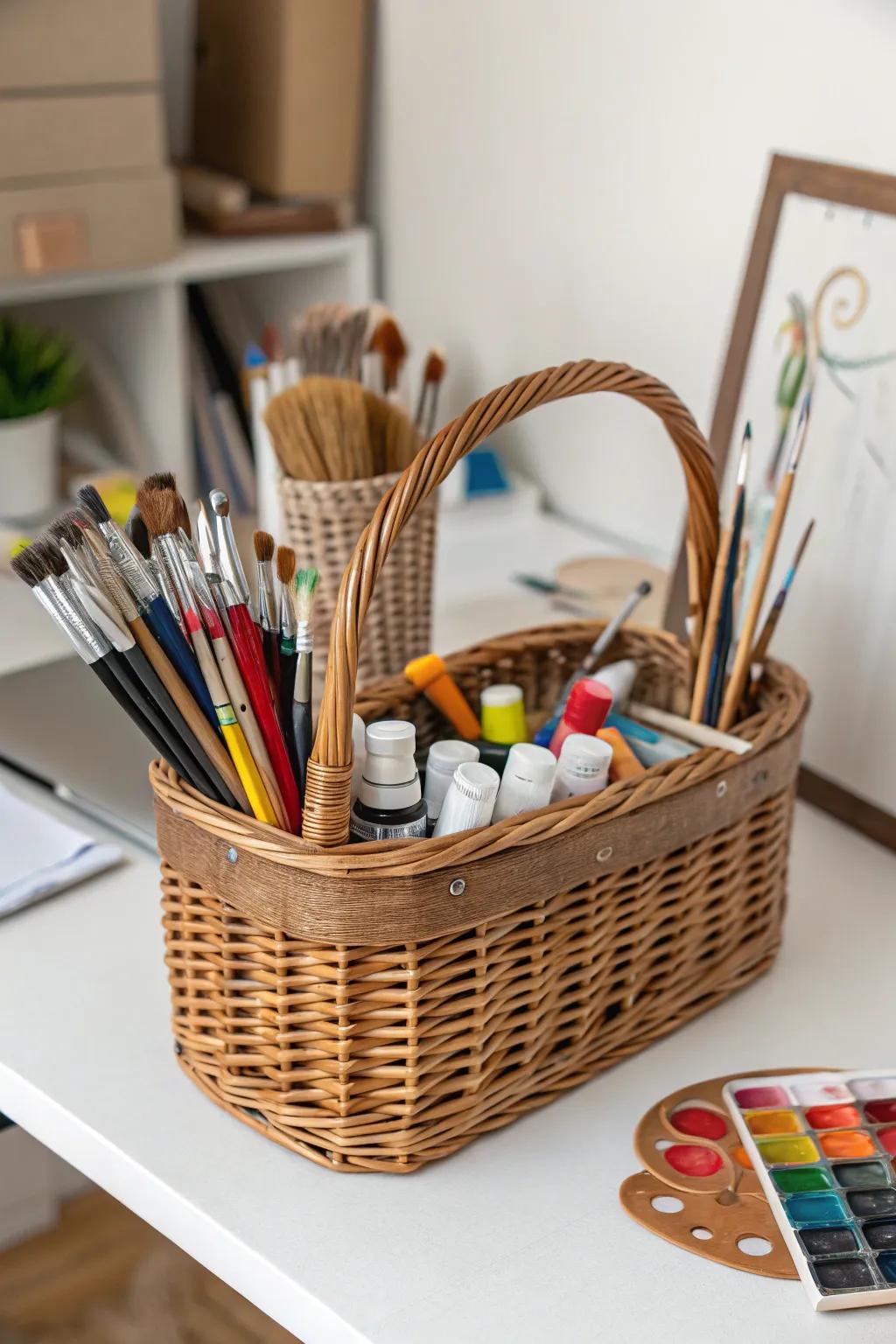 A basket showcasing art provisions sustains your creative area systematized and primed for inspiration.