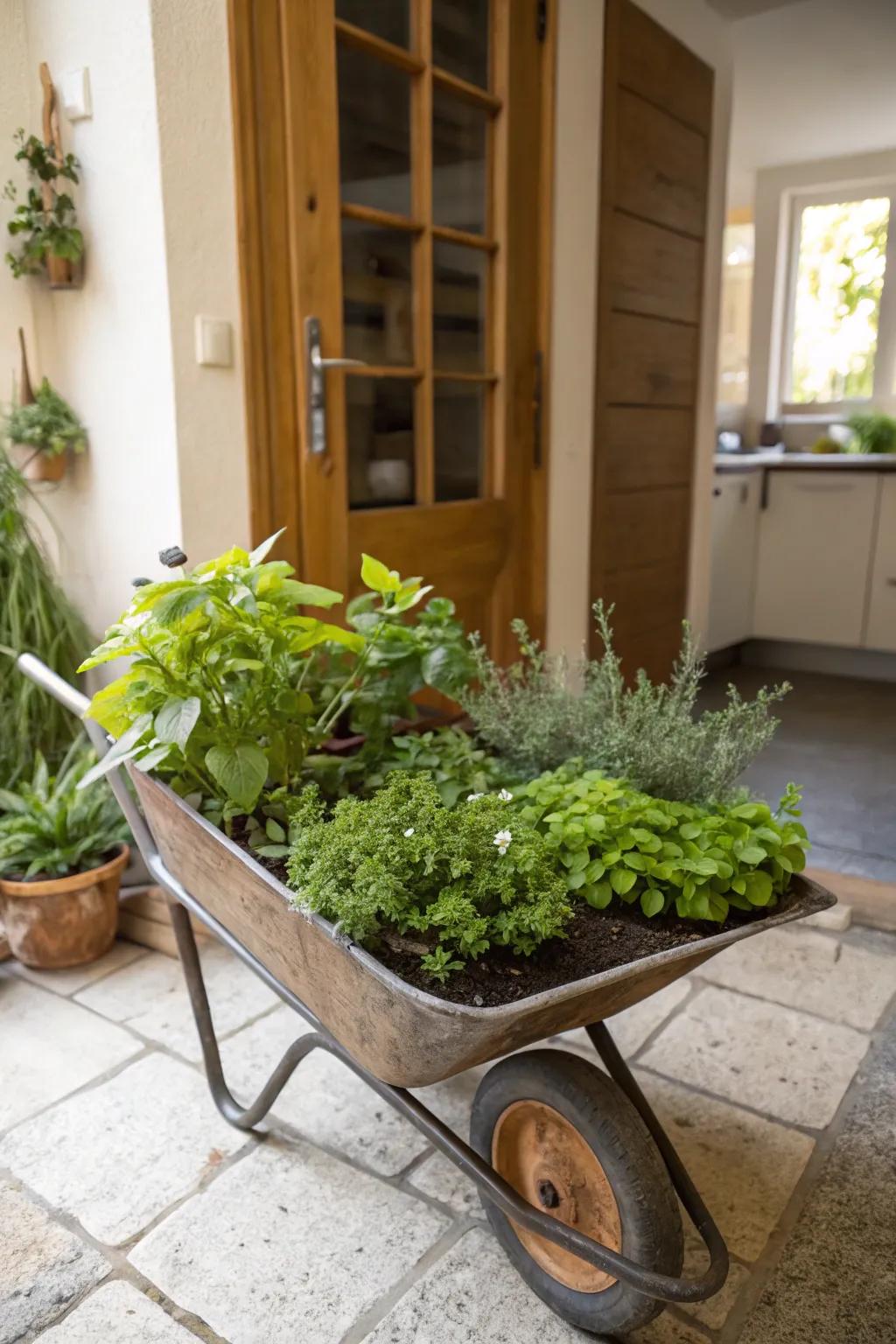 A functional and fragrant herb garden set within a wheelbarrow.
