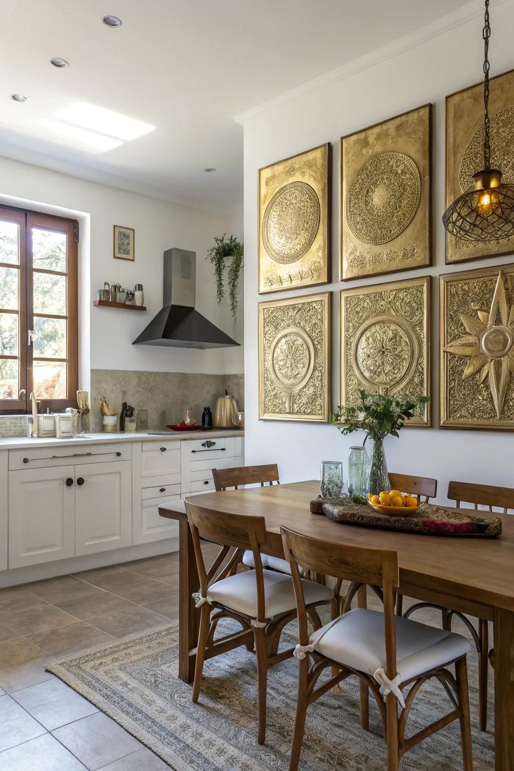 Gilded infused wall art infuses dimension and personality to your kitchen walls.