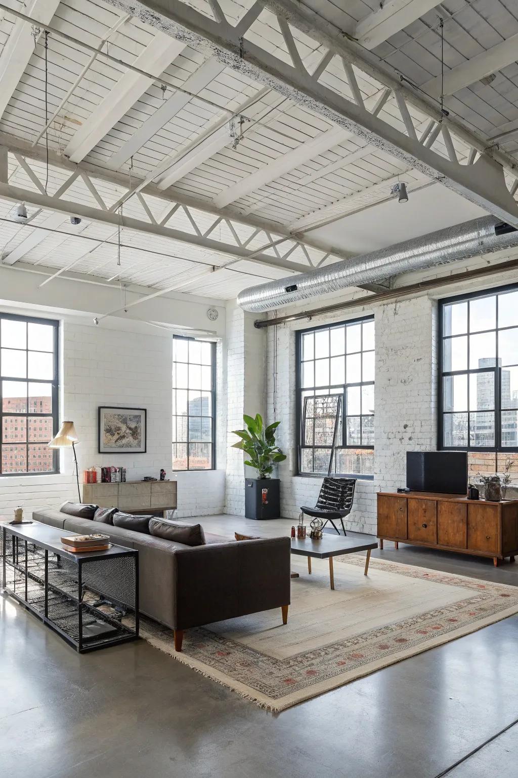 An urban space featuring a white ceiling and metal beams for an edgy look.