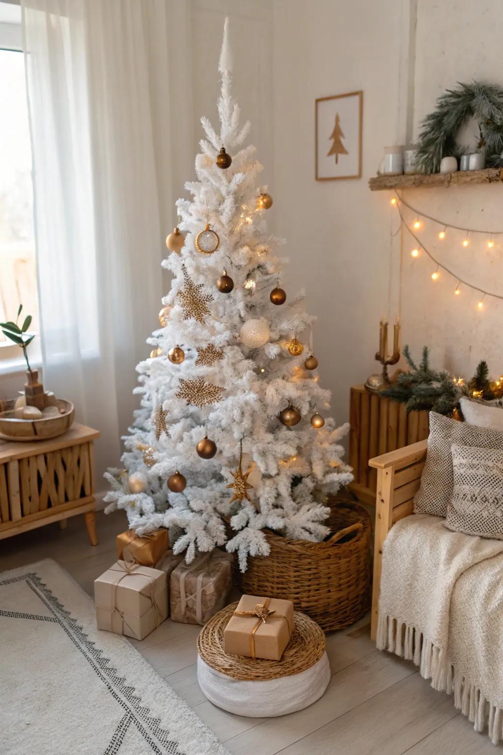 Nordic simplicity with timber and flannel on a snow-white holiday tree.