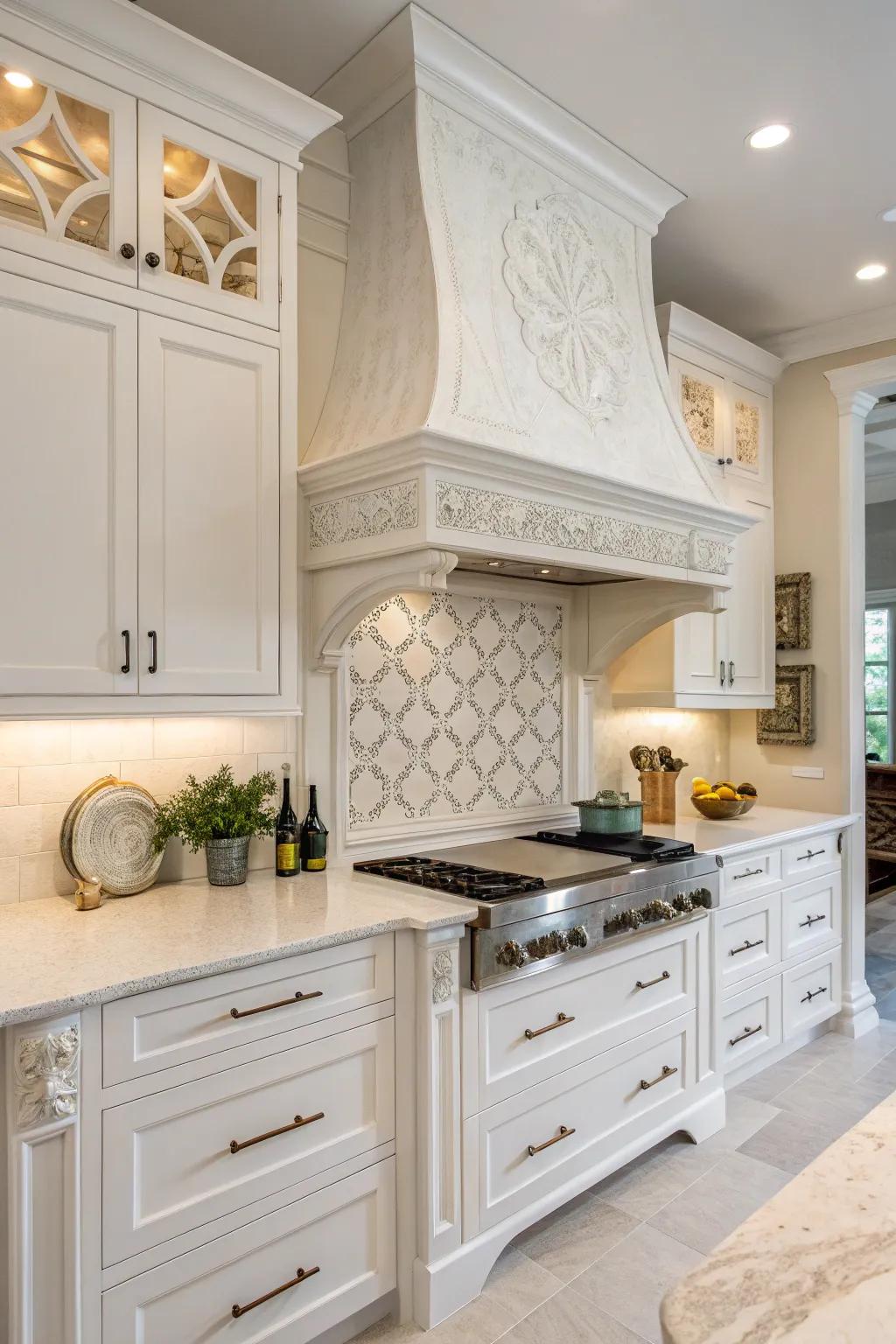 An ornamental hood serves as the elegant centerpiece in this white kitchen.