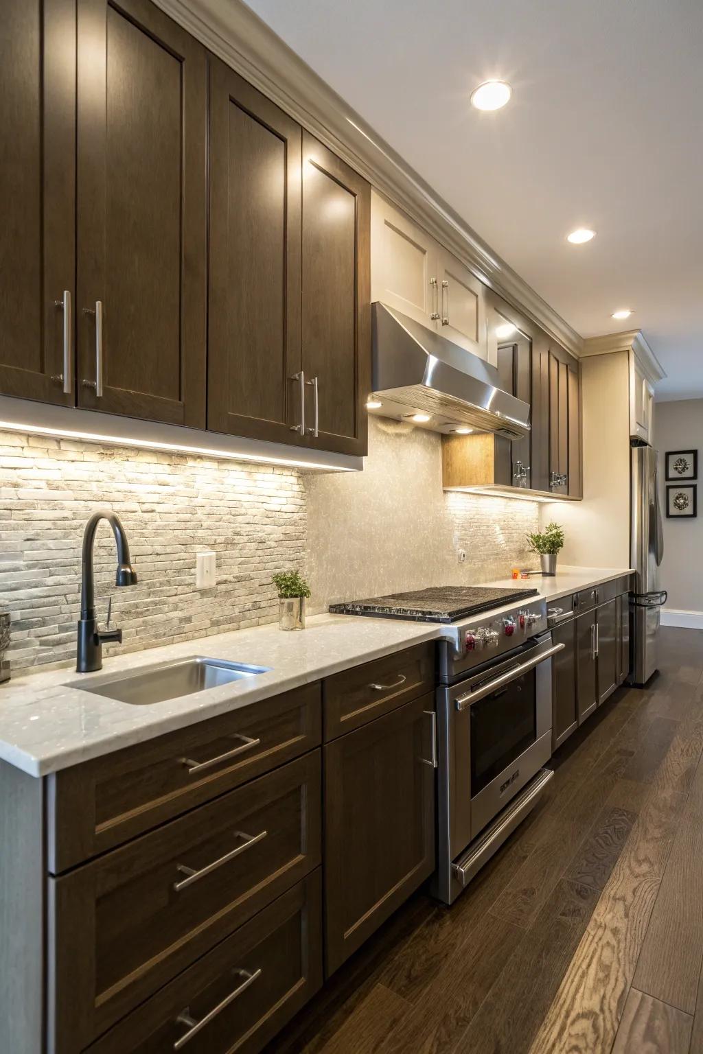 Stone backsplash perfectly emphasized through under-cabinet spotlighting.